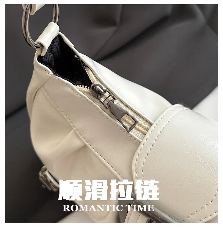 Fashion Pleated Lock Design Women's PU Shoulder Bags Simple Solid Color Ladies Underarm Bag Portable Cool Girls Phone Handbag