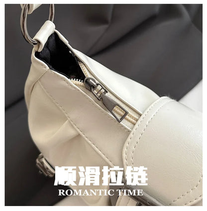 Fashion Pleated Lock Design Women's PU Shoulder Bags Simple Solid Color Ladies Underarm Bag Portable Cool Girls Phone Handbag