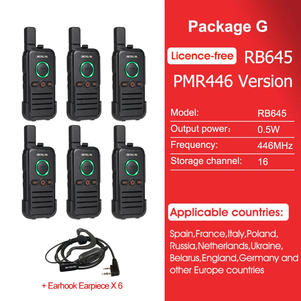 Retevis RB645 Walkie Talkie PMR446 Dual PTT Professional Portable Lincense-free Two Way Radio VOX USB-C for Hotel Restaurant