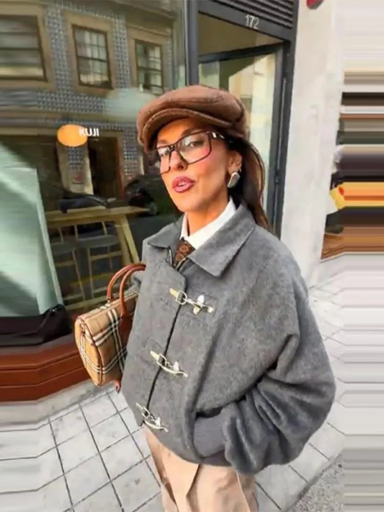 Women' S Vintage High Neck Jacket Metal Buckle Zipper Loose Coat Full Sleeve Outwears 2025 New Lady Fall Winter Streetwears