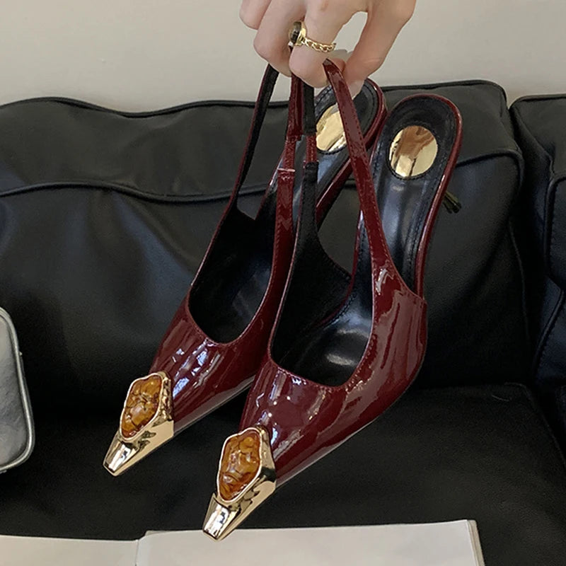 Liyke Fashion Design Inlay Gems Pointed Toe Patent Leather Sexy Slingback Sandals Women Pumps High Heels Wedding Banquet Shoes