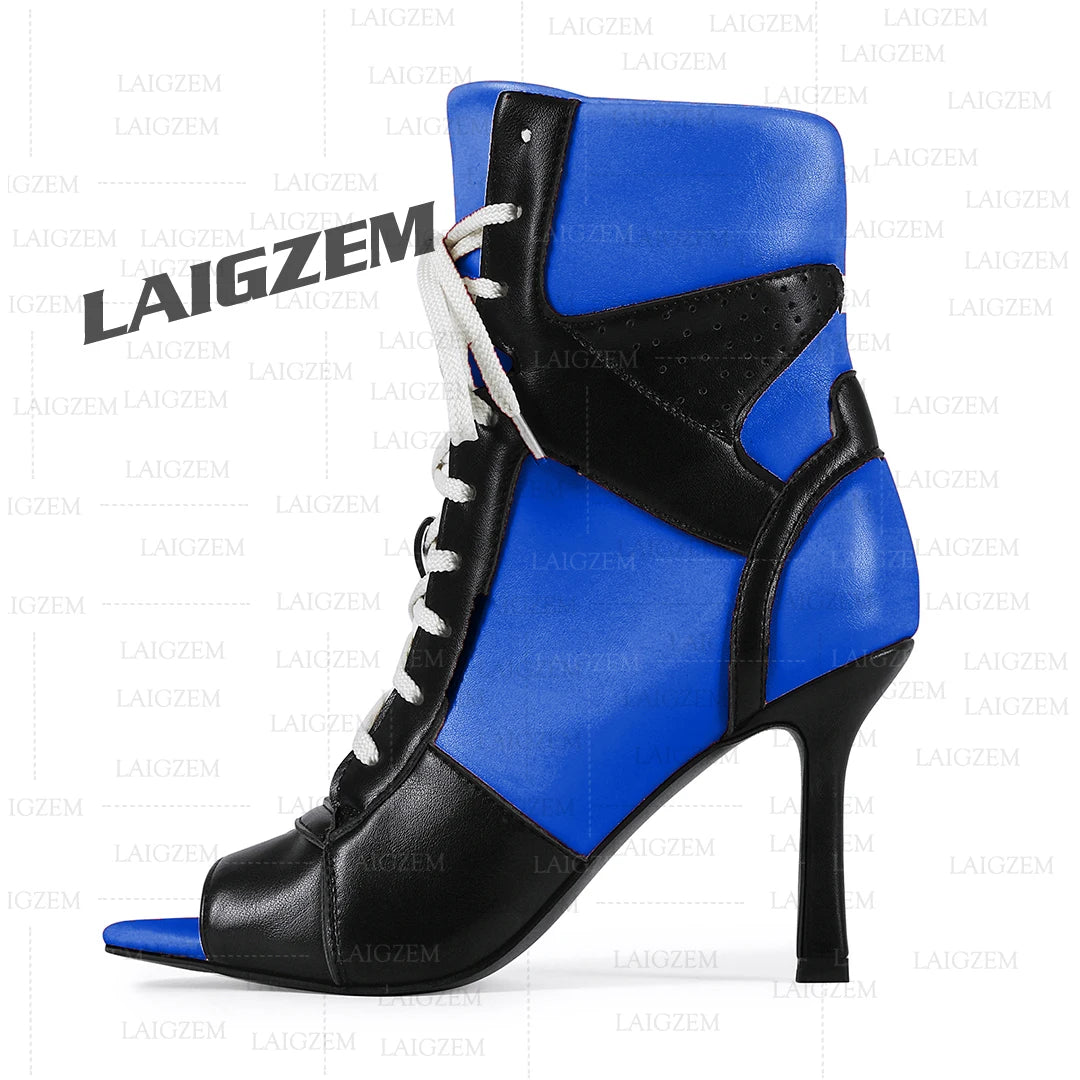LAIGZEM Women Ankle Boots Patchwork Peep Toe Thin High Heels Boots Lace up Short Boos Ladies Handmade Shoes Woman Size 39 41 43