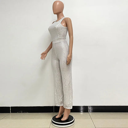 Bling Bling Sequined Club Jumpsuit Sexy Women O-neck Elegant Shiny Sliver Gold Sequins Straight Romper Overalls