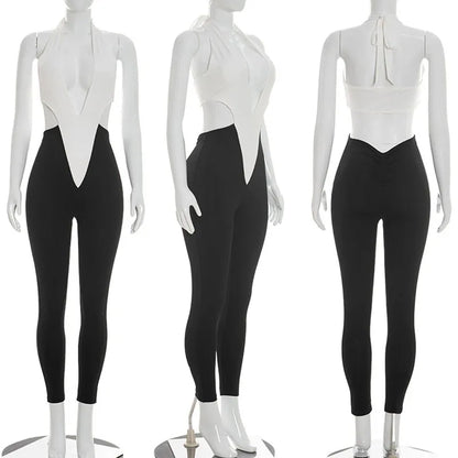 Patchwork Rave Outfit Woman Jumpsuits and Rompers Fancy Club Party Halter V-neck Backless Sleeveless Skinny One Piece Jumpsuit