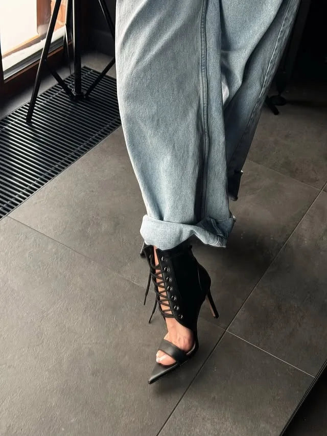 2026 New Design Sexy Women Sandals Open Toe Stiletto 10/12cm Zipper Lace Up Plus Size 44 Fashion Party Summer Shoes