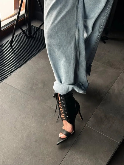 2026 New Design Sexy Women Sandals Open Toe Stiletto 10/12cm Zipper Lace Up Plus Size 44 Fashion Party Summer Shoes