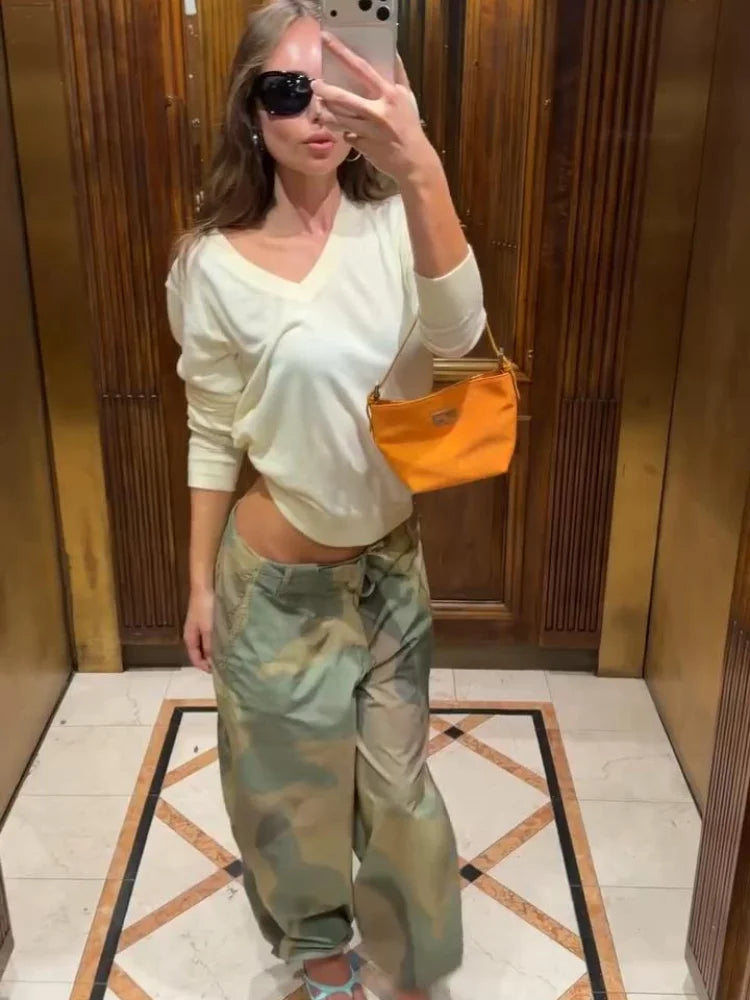Women Camouflage Cargo Long Pants High Waist Wide Leg Drawstring Hem Baggy Trousers 2026 Autumn Casual Chic Vintage Streetwear