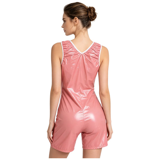 Womens Waterproof Rompers Adaptive Nightwear Glossy Sleeveless Buttons Crotch Bodysuit Sports Swimwear Special Needs Clothing