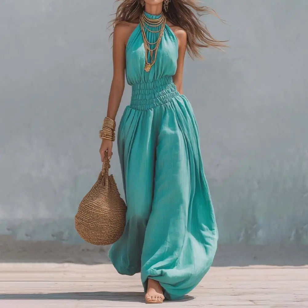 Smocked Waist Lantern Pants Women Rompers Summer Romper Halter Neck Sleeveless Jumpsuit With Lantern Leg For Casual Streetwear