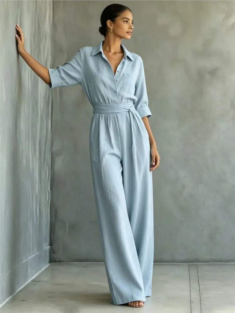 Women's Mid-sleeve Shirts Jumpsuits Spring Summer New 2026 New Fashion Elegant Waisted Lace-up Wide-leg Trousers Female Rompers