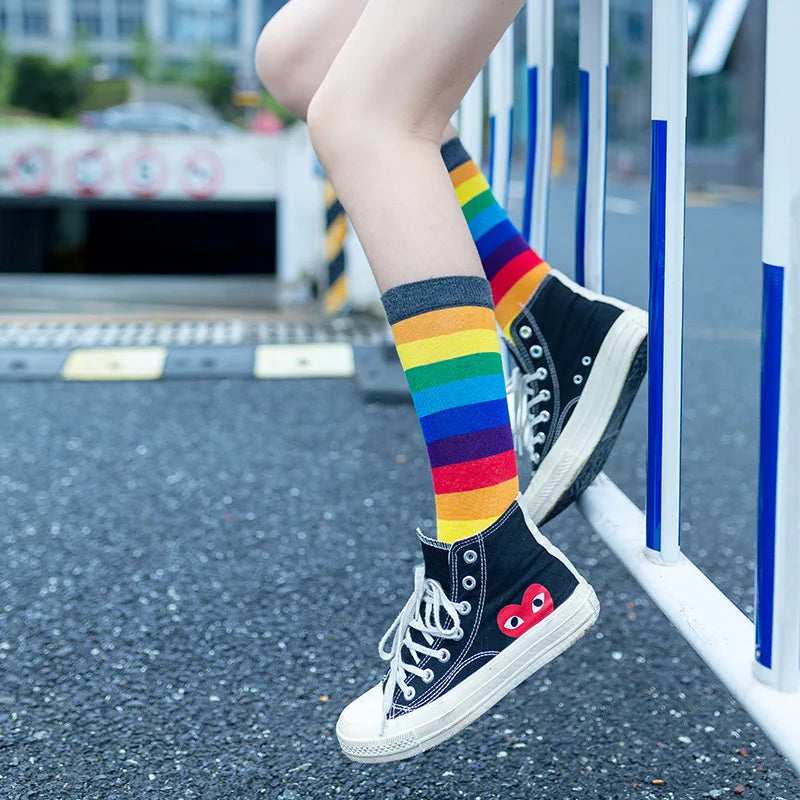 Rainbow Striped Socks Colorful Fashion Women Middle Tube Long Socks Trendy Candy Colors Breathable Cotton Casual Sport Socks New