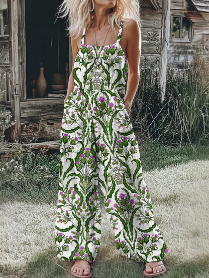 2026 New Style Fashion Women's Printed One-Piece Pants with Bohemian Square Collar, Loose Wide Leg, Elastic Waist, Green Thistle Print in Light Color, US Size, US Warehouse, Fast Shipping, Elegant Spring-Summer Outdoor Vacati