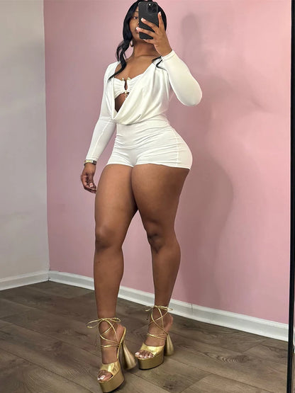 Sisterlinda Swinging Neck Playsuits Women Solid Metal Splice Cleavage Full Sleeve Stretch Sexy Slim Romers Chic Trend Clubwear
