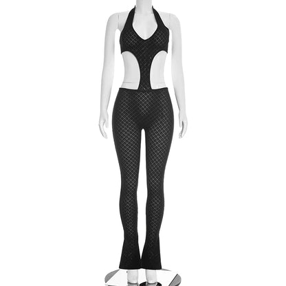 Woman Halter See Through Sexy Lace Hollow-out Patchwork Bodycon Jumpsuits  Backless Rompers Female Streetwear Overalls