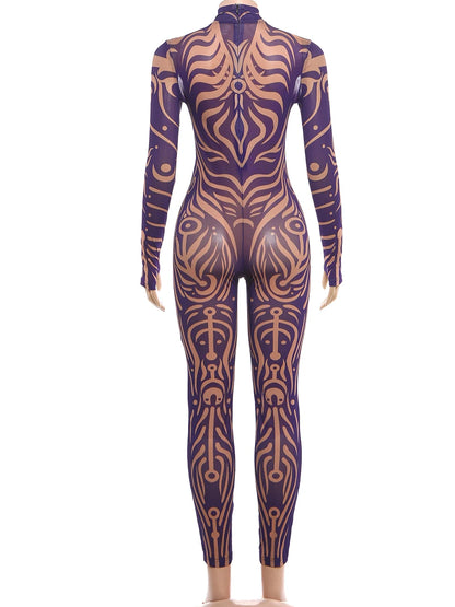 Sisterlinda Sexy Fashion Print Jumpsuits Woman Turtleneck Full Sleeve See Through Skinny Peach Hip Street Wild Style Overalls