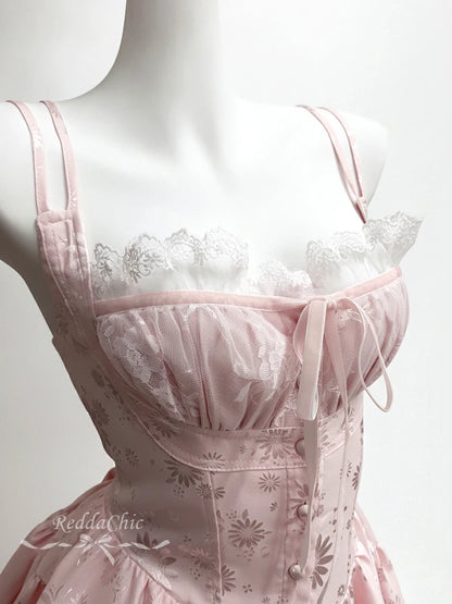 ReddaChic Summer Mini Pink Dress Floral Satin Rompers Cutecore Lace Stitch Spaghetti Strap Corset Dress Coquette Women Clothes