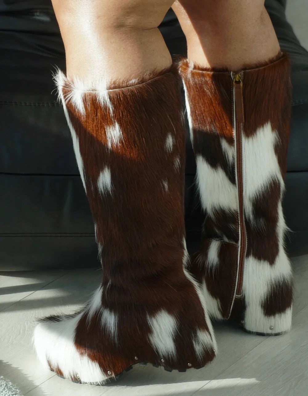 Western Style Side Zip Closure Print Tall Boots Brown White Cow Knee High Boots Metal Rivets Round-Toe Height-Increasing Design