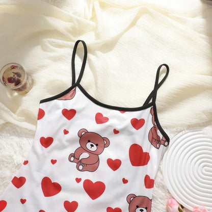 FINETOO Summer Teddy Bear Sleepwear Women Seamless Hearts Butterfly Floral Printed Sleeveless Ruffled Loungewear Cute Nightdress
