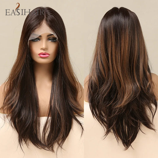 EASIHAIR Lace Front Hair Wigs Brown Long Straight Synthetic Lace Wigs for Black Women Daily Cosplay Party Heat Resistant Fibers