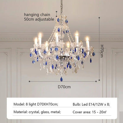 French Blue Romantic Crysatl Chandeliers Light Luxury Glass Living Room Art Decor Candle Pendant Lights Lighting Bedroom Lamps