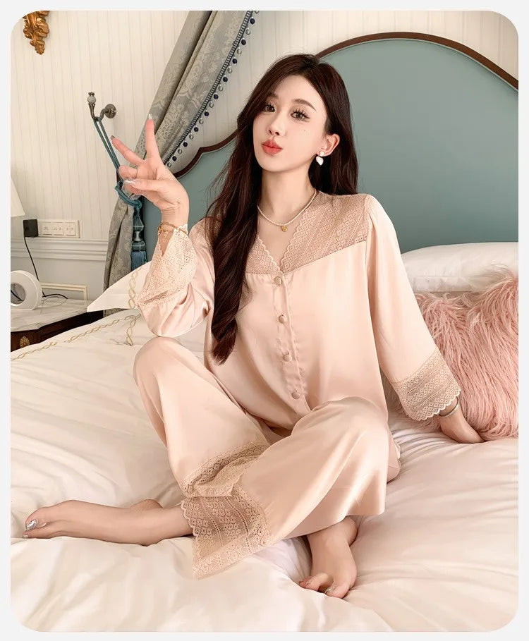 Women's Ice Silk Long-Sleeve Shirt and Full-Length Bottom Pajama Set Soft Warm Loungewear