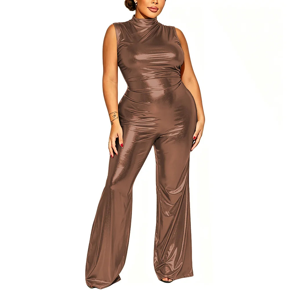 Plus Size Nightclub Wear Jumpsuit Shiny Metallic Sleeveless Women Elegant Jumpsuit Sexy Mock Neck Rompers Wide Leg Long Pants