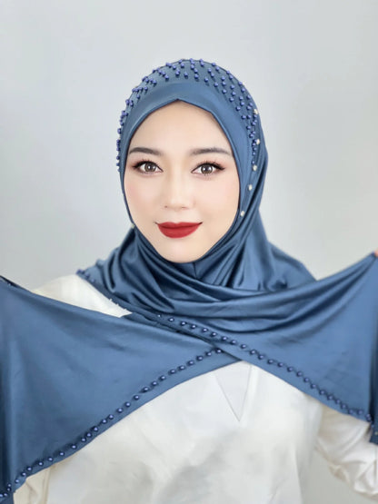 2026 Fashion Versatile Beaded Hijab for Women,Mid-Length Convenient Pull-over Hat Scarf,Malay Shawl Pure Color Women's Headscarf