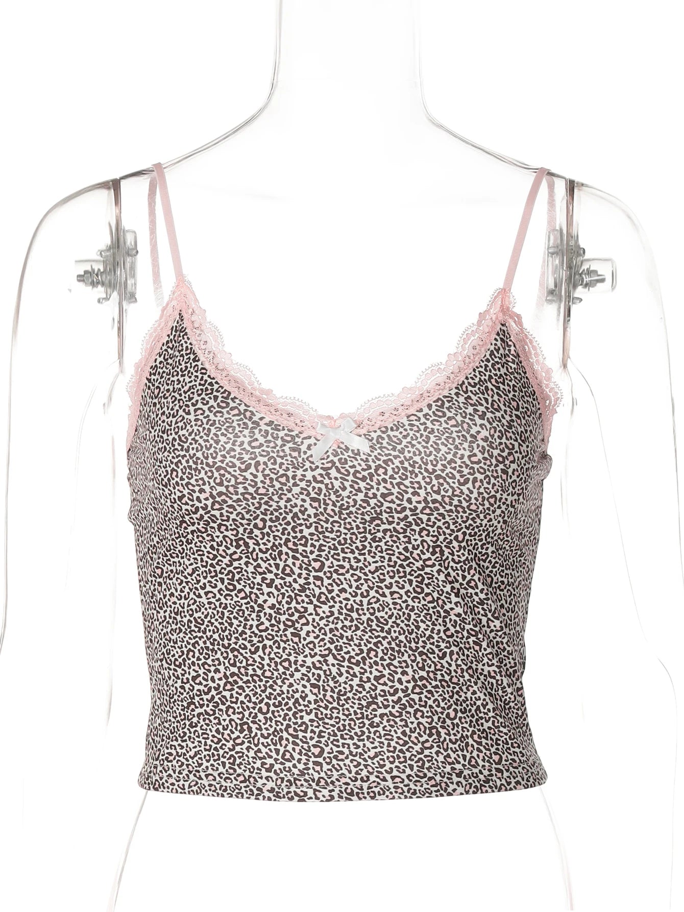 Hugcitar Fashion Leopard Print Slips Patchwork Lace Bow Sexy Slim Crop Camis Top Summer Women Festival Party Clothes Streetwear