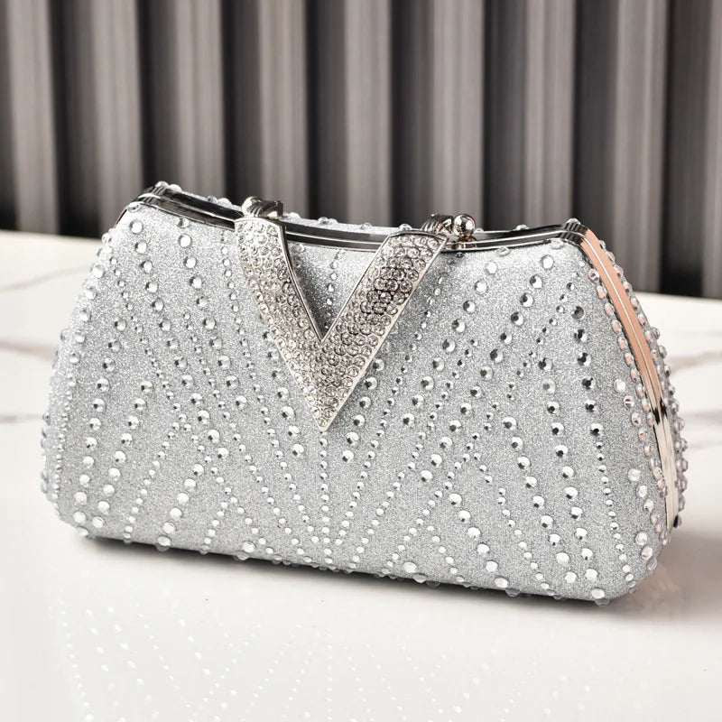 Diamond Silver Shoulder Bags for Women Wedding Inspired Designer Handbags 2026 Luxury Quality V Hasp Rhinestone Crossbody Bags