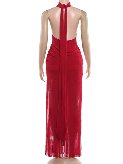 Weird Puss Halter Turtleneck Dress Women Velvet Ruched Patchwork Tassel Hem Elegant Sexy Backless Valentine's Day Party Bodycon