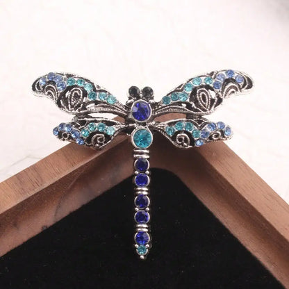 Vintage Silver-Tone Dragonfly Brooch - Blue & Green Rhinestones, Intricate Filigree Design, for Daily Outfits, Ideal Gift