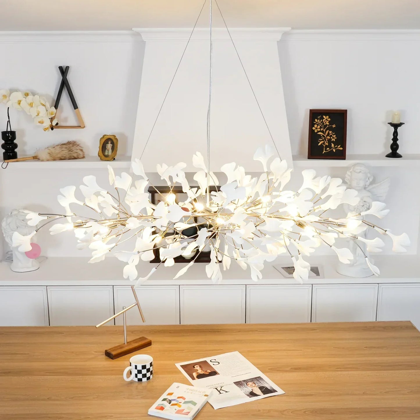 Modern Ceramics White Long Ginkgo Leaf LED Pendant Light Decoration Villa Living Room Ceiling Chandelier Indoor Hanging Lights