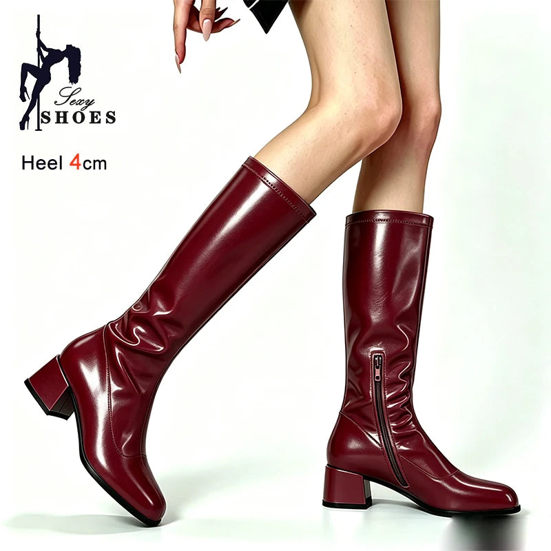New Spring Autumn Wine Red Patent Leather Women Knee High Boots Block Heel 4cm Side Zipper Square Toe Pleated Ladies Boots Shoes