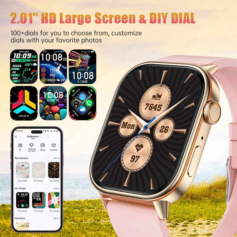 LIGE 2026 For Android IOS GPS Smart Watch Women 2.01" HD Screen Heart Rate Bluetooth Call Compass IP68 Waterproof Men Smartwatch