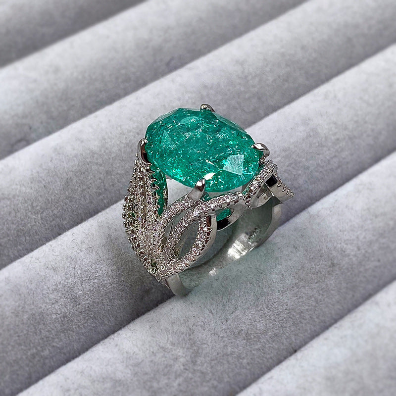 925 Silver Plated Exquisite Blue Green Moissanite Ring Fire Sparkling Luxury Open Ring Female Party Birthday Jewelry Gift