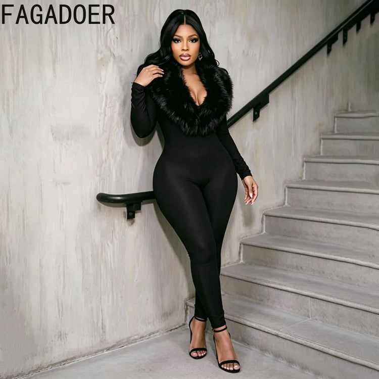 FAGADOER Women Fall Winter Bodycon Jumpsuit Faux Fur Collar Long Sleeve Deep V Neck Slim Fit Sexy Club Party One Piece Outfit
