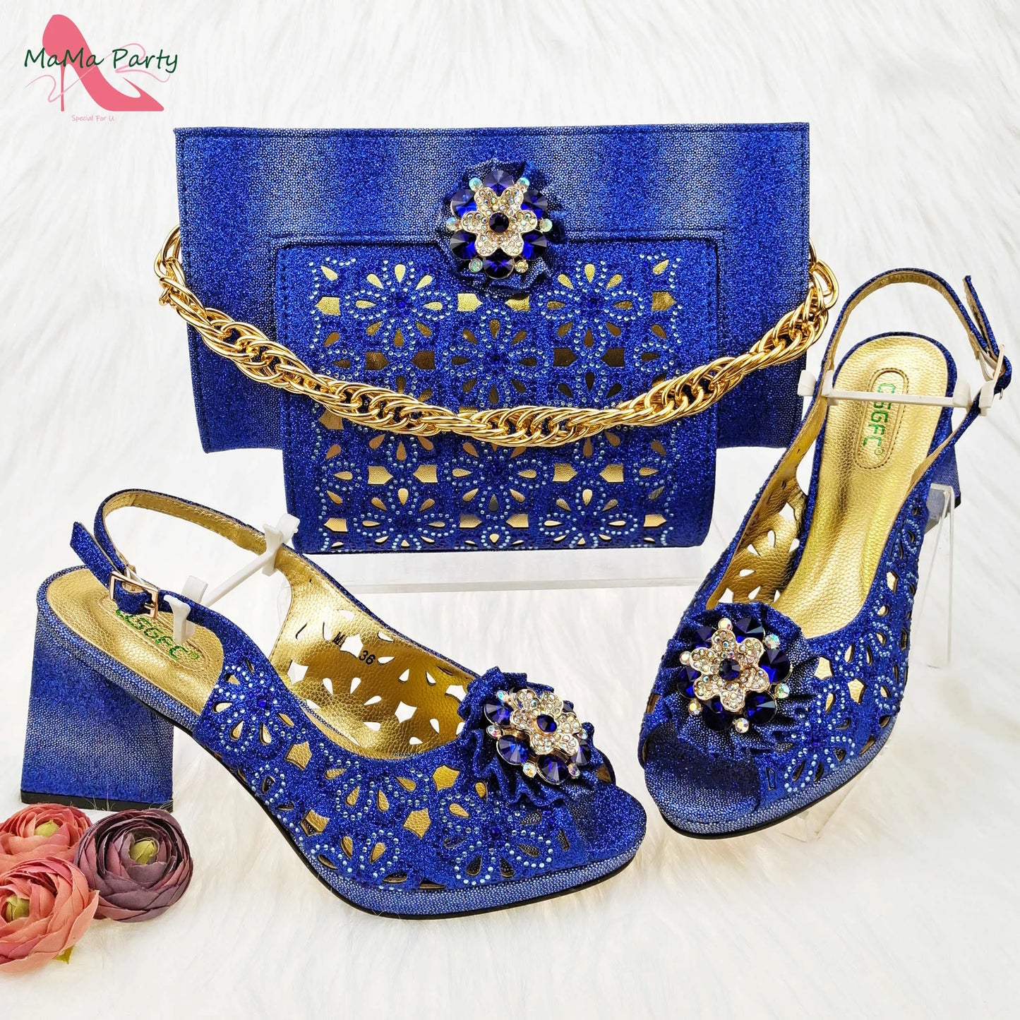 Mature Style Women Shoes and Bags Set 2023 Spring New Design Rose Gold Color Italian Sandals with Shinning Crystal for Party