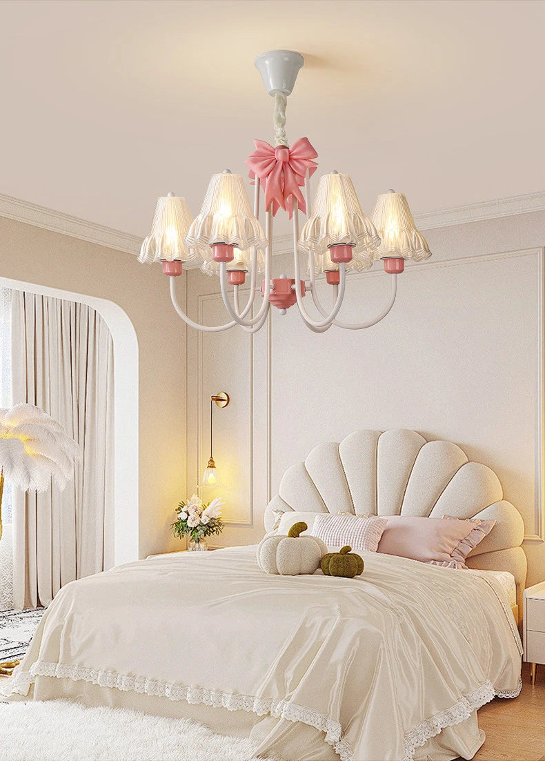Romantic Princess Room Pink Chandelier Lamps French Bow Tie Pendant Light LED E27 Kids Girl Baby Bedroom Ceiling Chandelier Lamp