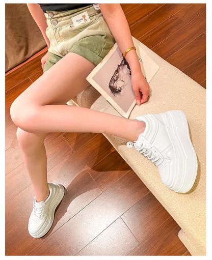 10-14cm Chunky Sneakers Women Platform Shoes Elevator Shoe White Mesh Breathable Sneakers Real Leather Increasing Shoes