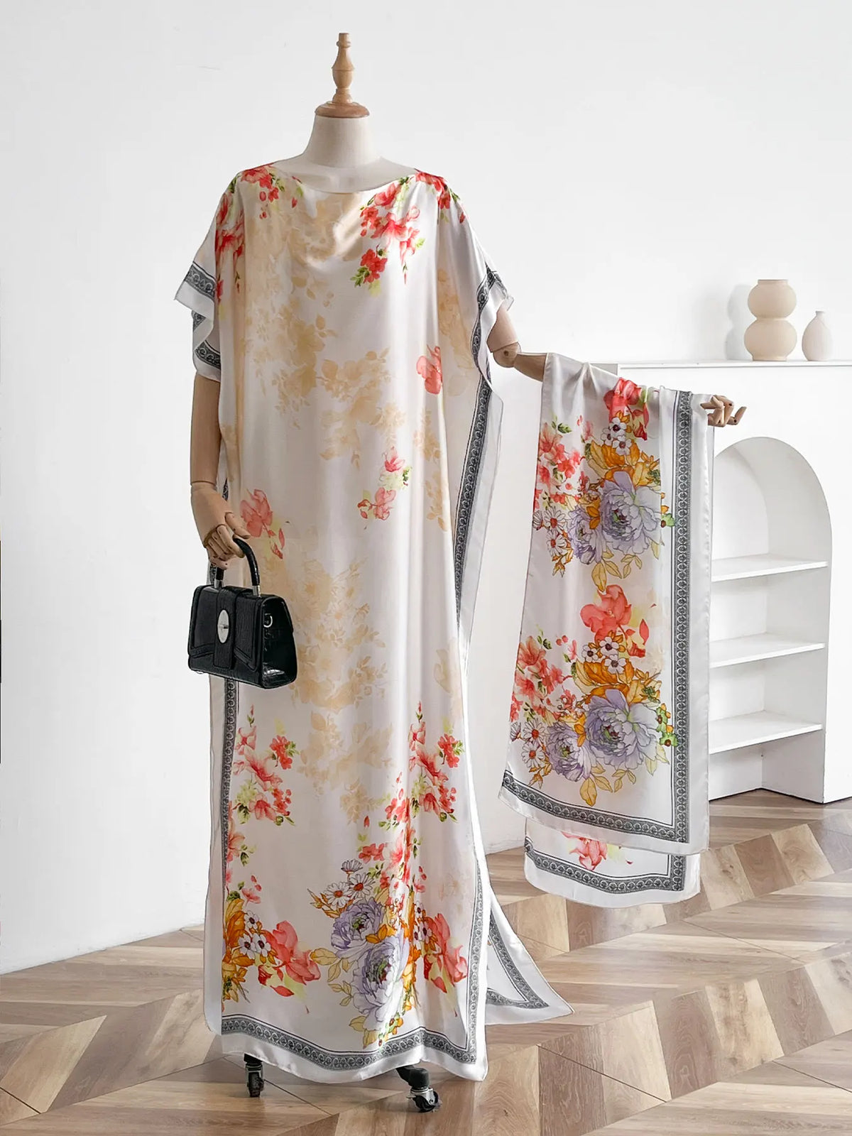 Vintage Peony Floral Print Satin Abaya Scarf Set, Loose Batwing Maxi Kaftan For Muslim Women Summer Holiday Daily Wear