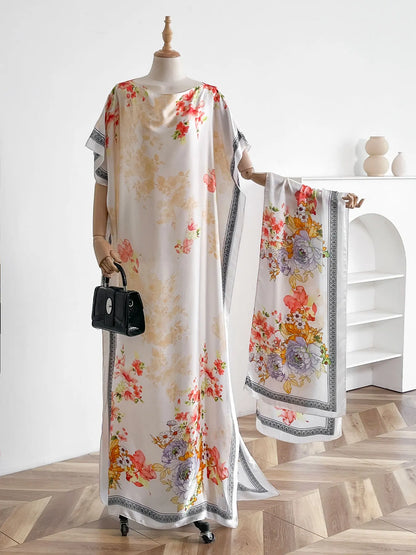 Vintage Peony Floral Print Satin Abaya Scarf Set, Loose Batwing Maxi Kaftan For Muslim Women Summer Holiday Daily Wear