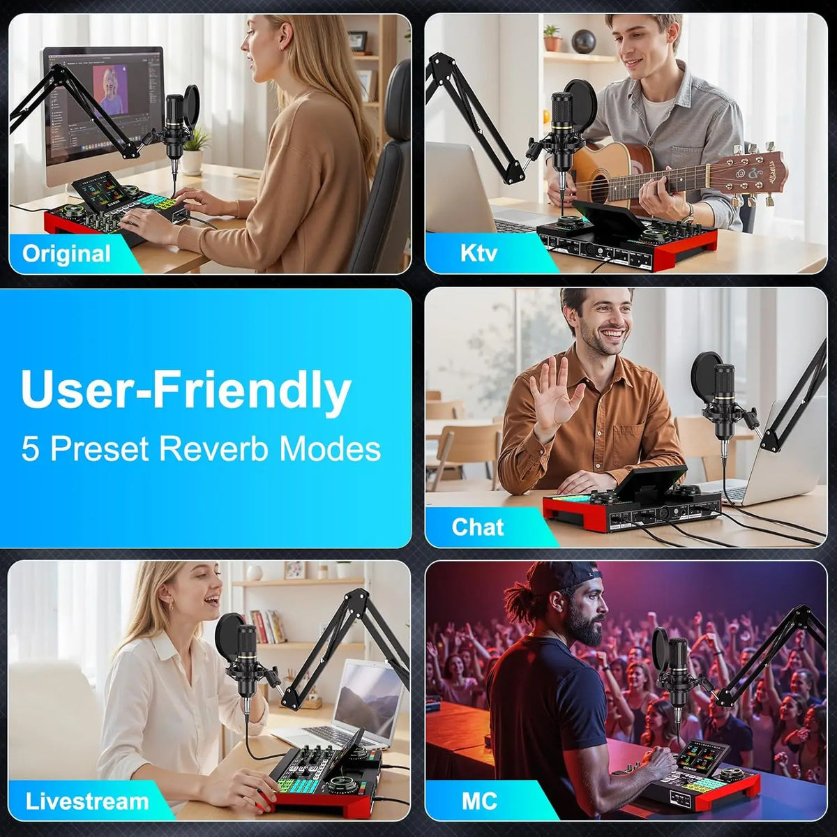 Tenlamp Plug And Play Podcast Equipment Bundle with Professional Chipset, G10 Live Streaming Audio Interface for Laptop PC, Voice Changer Denoise Reverb Sound Board Kit for Gaming Singing Vlog Living Broadcast Recording