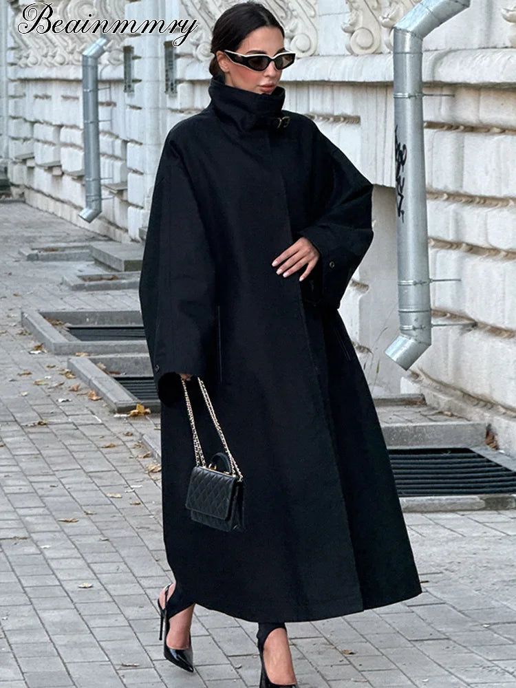 Women Black Long Solid Color Trench Coat Stand Collar Loose Drop Shoulder Single-breasted Windbreaker Lady Commute Outing Wear