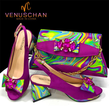 Venus Chan 2024 Fashion Purple Color Painted Rhinestones Elegant Peep Toe Sandals Shoes and Bag Set Italian Heels for Womens