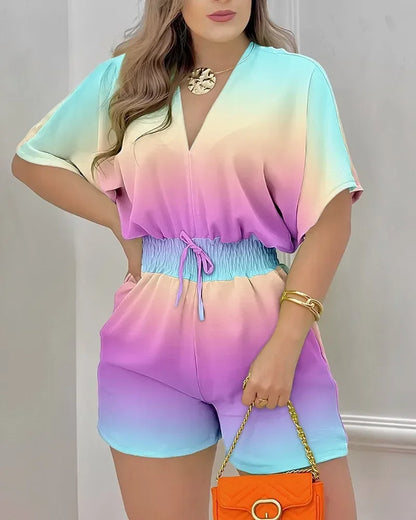 Rompers Elegant Women Short Sleeves Jumpsuits 2024 Summer Female Overalls Loose Casual Print Waist Wrapped One Piece Shorts
