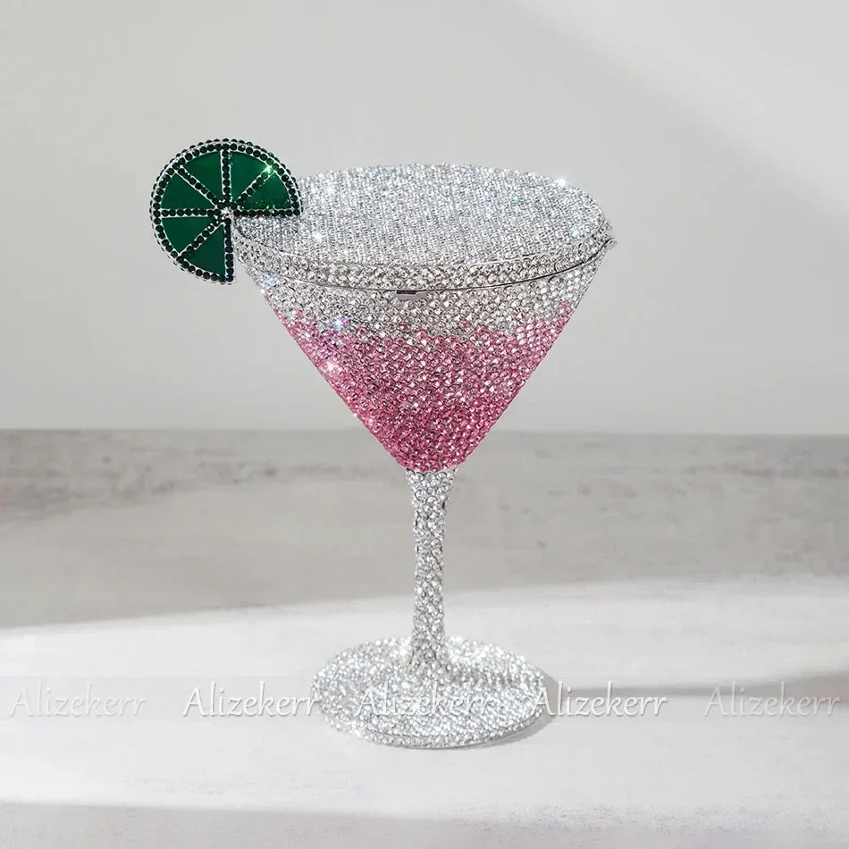 Alizekerr Cocktail Glass Shaped Rhinestone Evening Bags Luxury Designer Gorgeous Crystal Metal Purses And Handbags Wedding Party