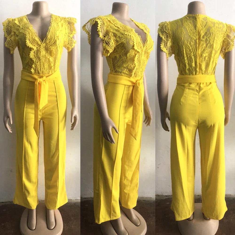 Women Outfits Elegant Luxury One Piece V Neck Romper Bandage High Waist Sexy See-Through Lace Patchwork Sleeveless Jumpsuits