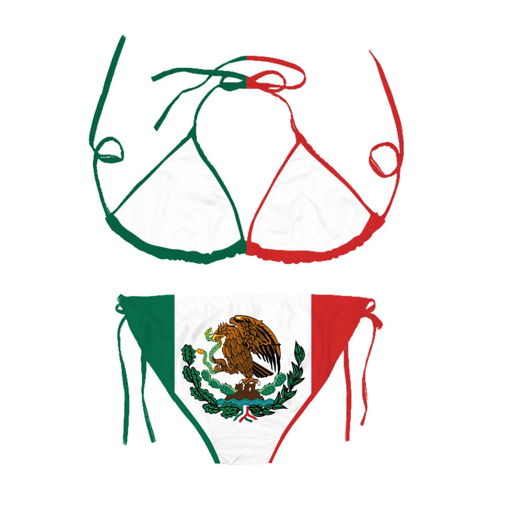 CLOOCL Mexico Flag Bikini Sets Fashion Sexy Swimsuits Beach Pool Vacation Adjustable Lacing Bikini Suits No Chest Pad