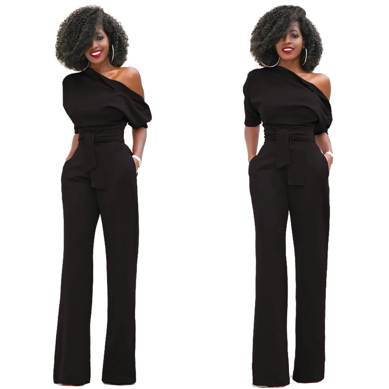 2024 Summer New Fashion Women's Jumpsuit Solid Color Slanted Shoulder Elegant Temperament Sleeveless Long Wide Leg Jumpsuit