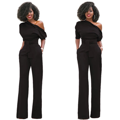 2024 Summer New Fashion Women's Jumpsuit Solid Color Slanted Shoulder Elegant Temperament Sleeveless Long Wide Leg Jumpsuit